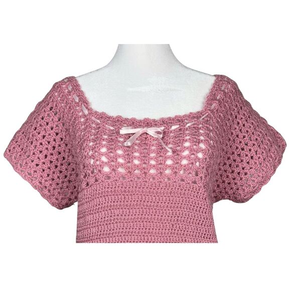 Womens Sweater Open Crochet Short Sleeve Pullover Small Pink Casual Y2K Coquette - Picture 4 of 6